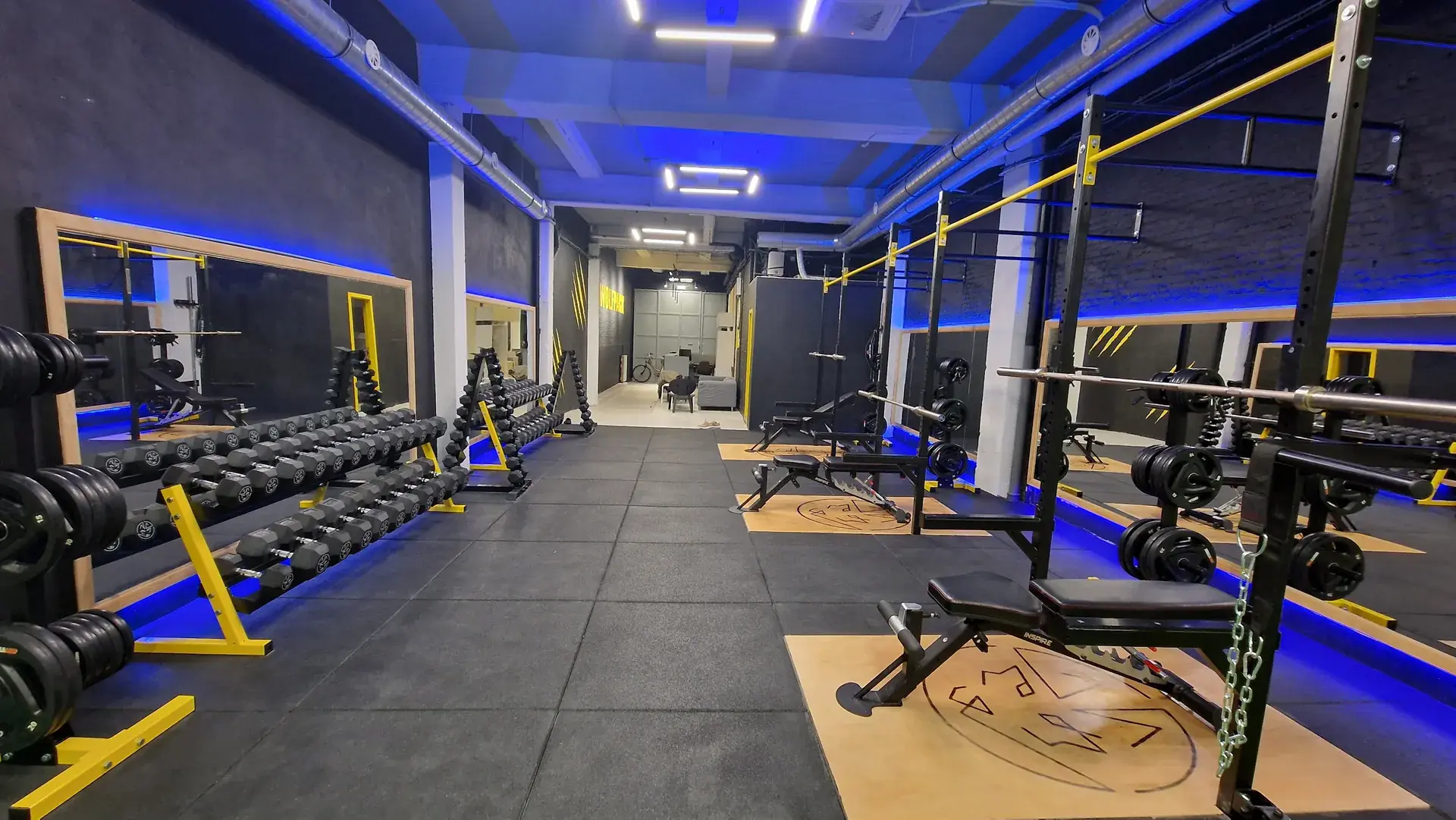 The weights room seen towards the entrance